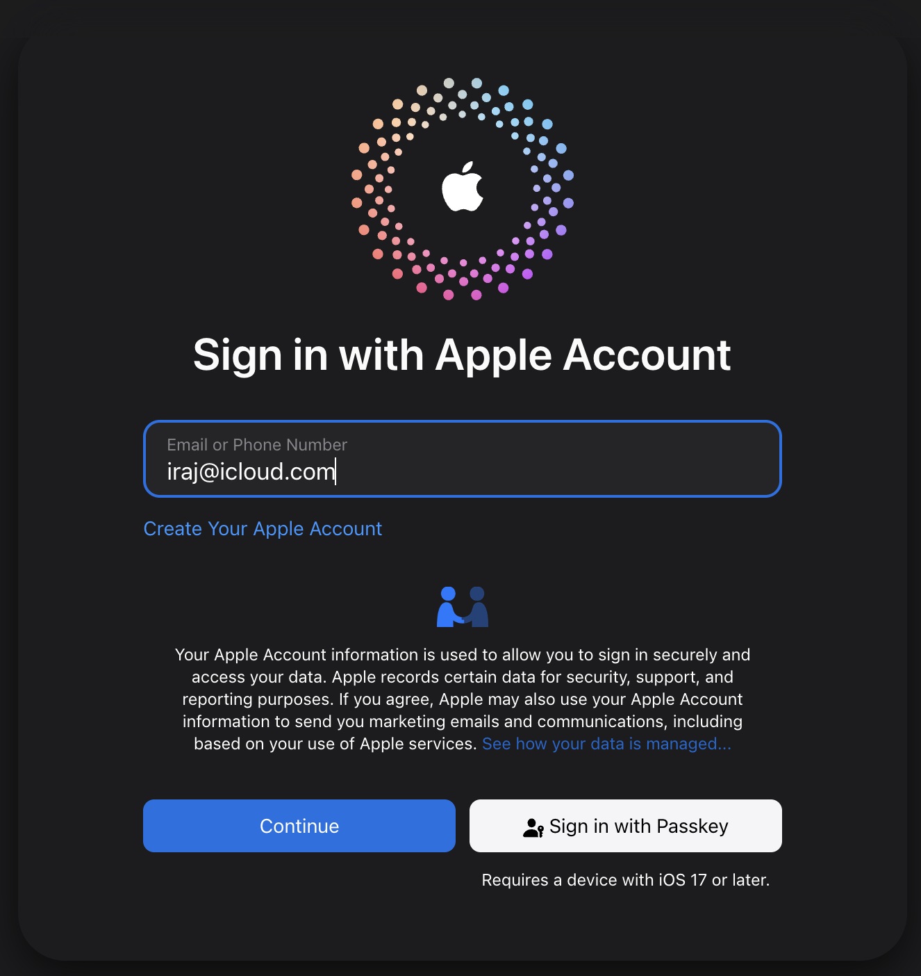 iCloud login interface at icloud.com showing Apple ID sign-in form